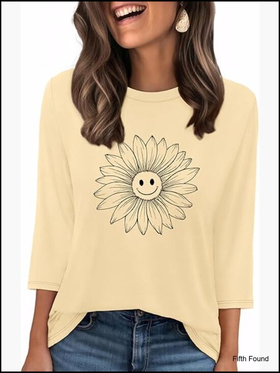 Tops - 3/4 Length Sleeve Graphic Tunic Tops Crewneck Casual Flowy Blouses